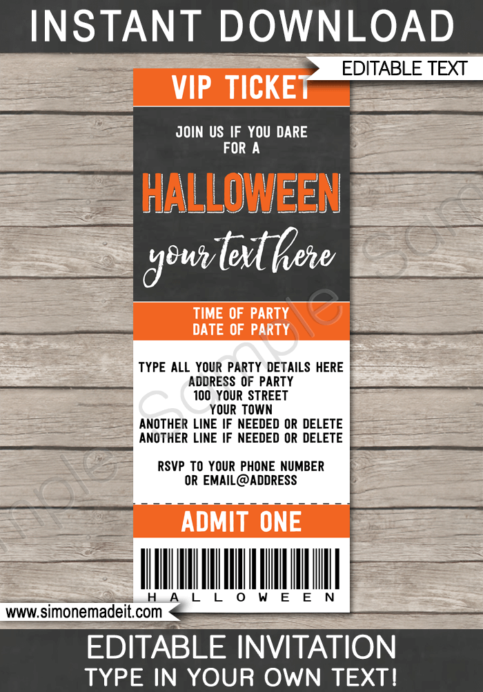 Printable Halloween Party Ticket Invites template | Halloween Ticket Invitations | DIY Editable Text | INSTANT DOWNLOAD via simonemadeit.com