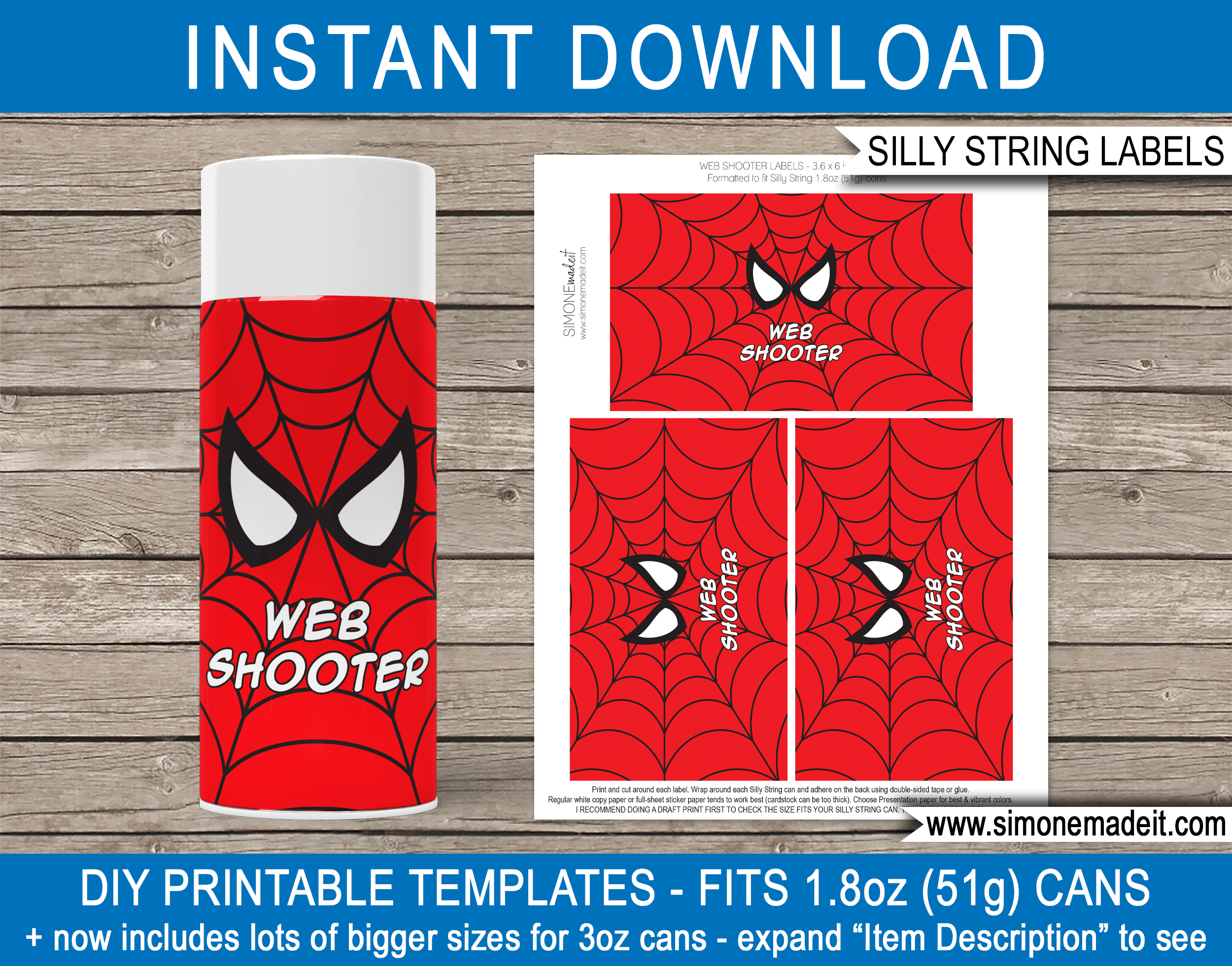 Printable Spiderman Web Shooter Silly String Labels | Superhero Birthday Party Games, Activities & Favors | DIY Spider Web Template | Goofy String | via SIMONEmadeit.com