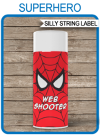 Printable Spiderman Web Shooter Silly String Labels | Superhero Birthday Party Games, Activities & Favors | DIY Spider Web Template | Goofy String | via SIMONEmadeit.com