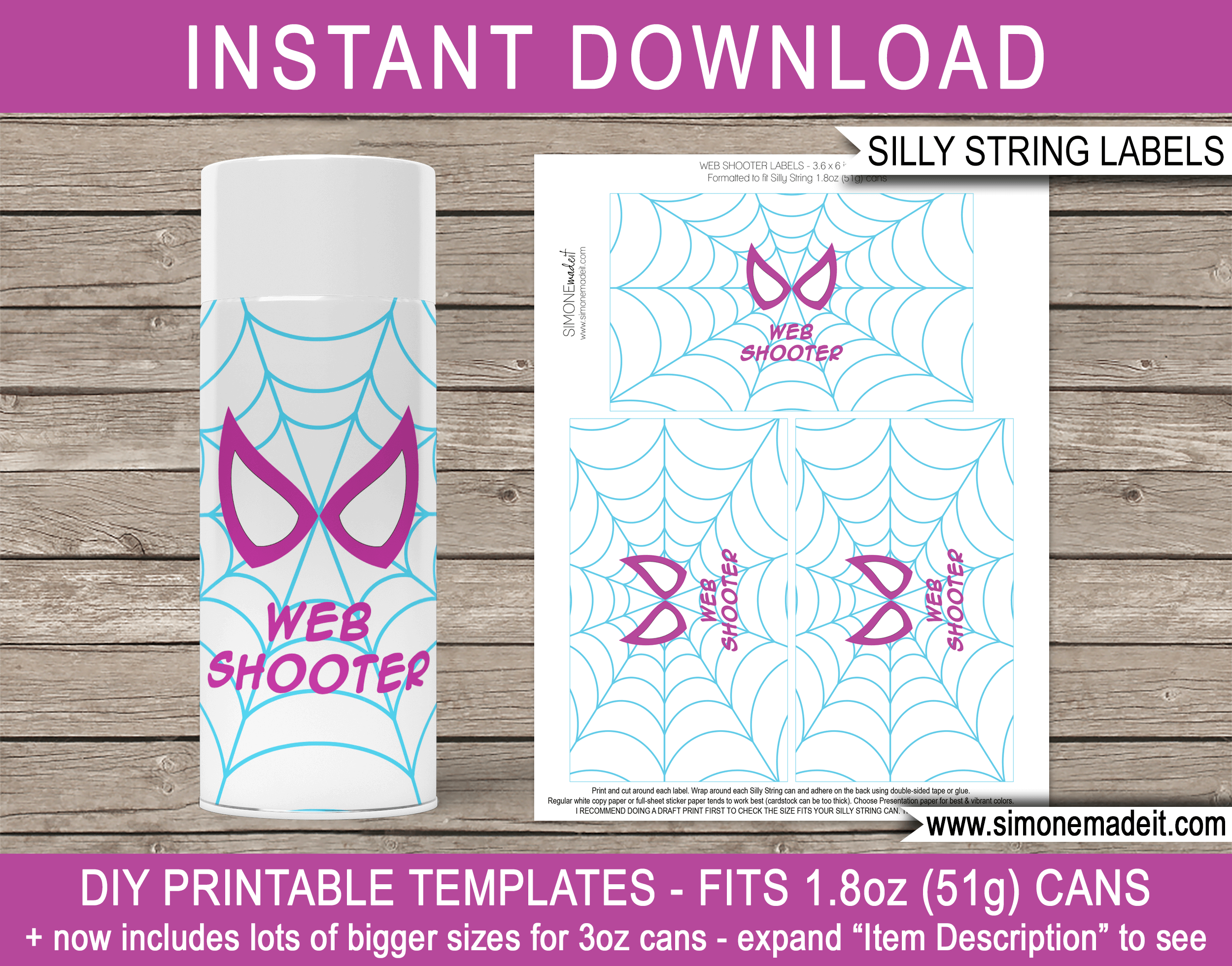 Printable Gwen Ghost Spider Silly String Labels Template | Superhero Birthday Party Games, Activities & Favors | DIY Web Shooter Spider Web Template | Goofy String | via SIMONEmadeit.com