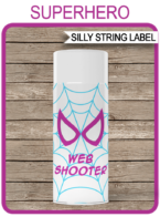 Printable Gwen Ghost Spider Silly String Labels Template | Superhero Birthday Party Games, Activities & Favors | DIY Web Shooter Spider Web Template | Goofy String | via SIMONEmadeit.com