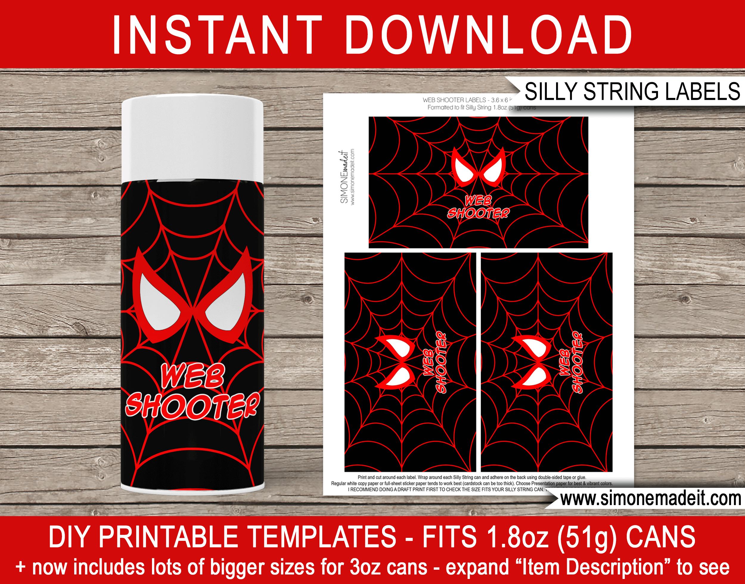 Printable Miles Morales Silly String Labels Template | Superhero Birthday Party Games, Activities & Favors | DIY Web Shooter Spider Web Template | Goofy String | via SIMONEmadeit.com
