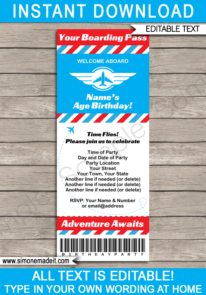 Printable Airplane Boarding Pass Invitations Template | Plane Ticket | Birthday Party | Editable DIY Theme | INSTANT DOWNLOAD $7.50 via SIMONEmadeit.com