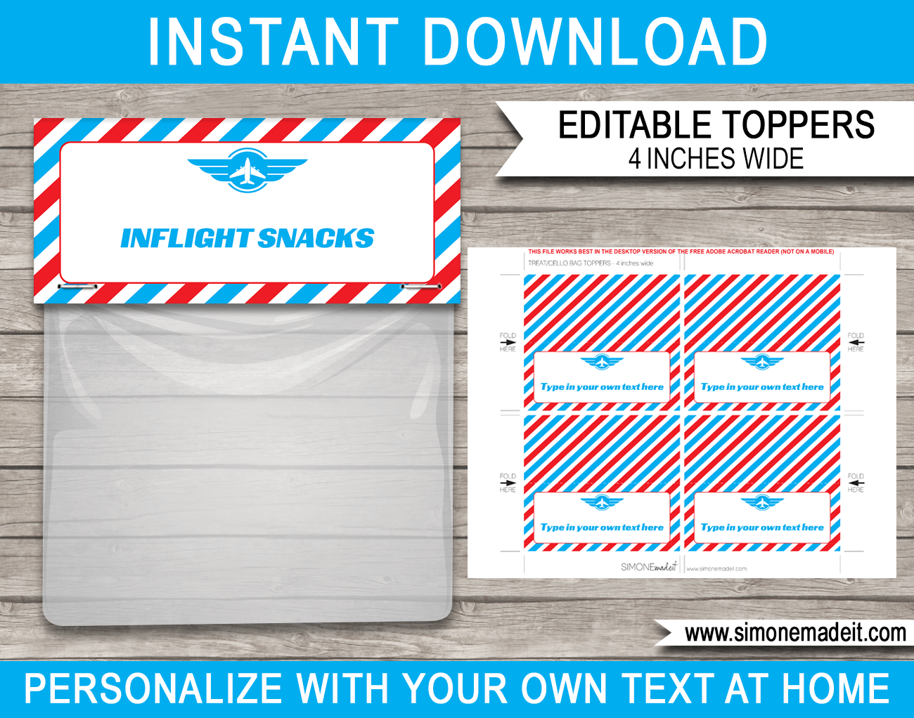 Printable Airplane Party Favor Bag Toppers Template | Airplane Birthday Party Favors | Editable DIY Template | INSTANT DOWNLOAD via SIMONEmadeit.com