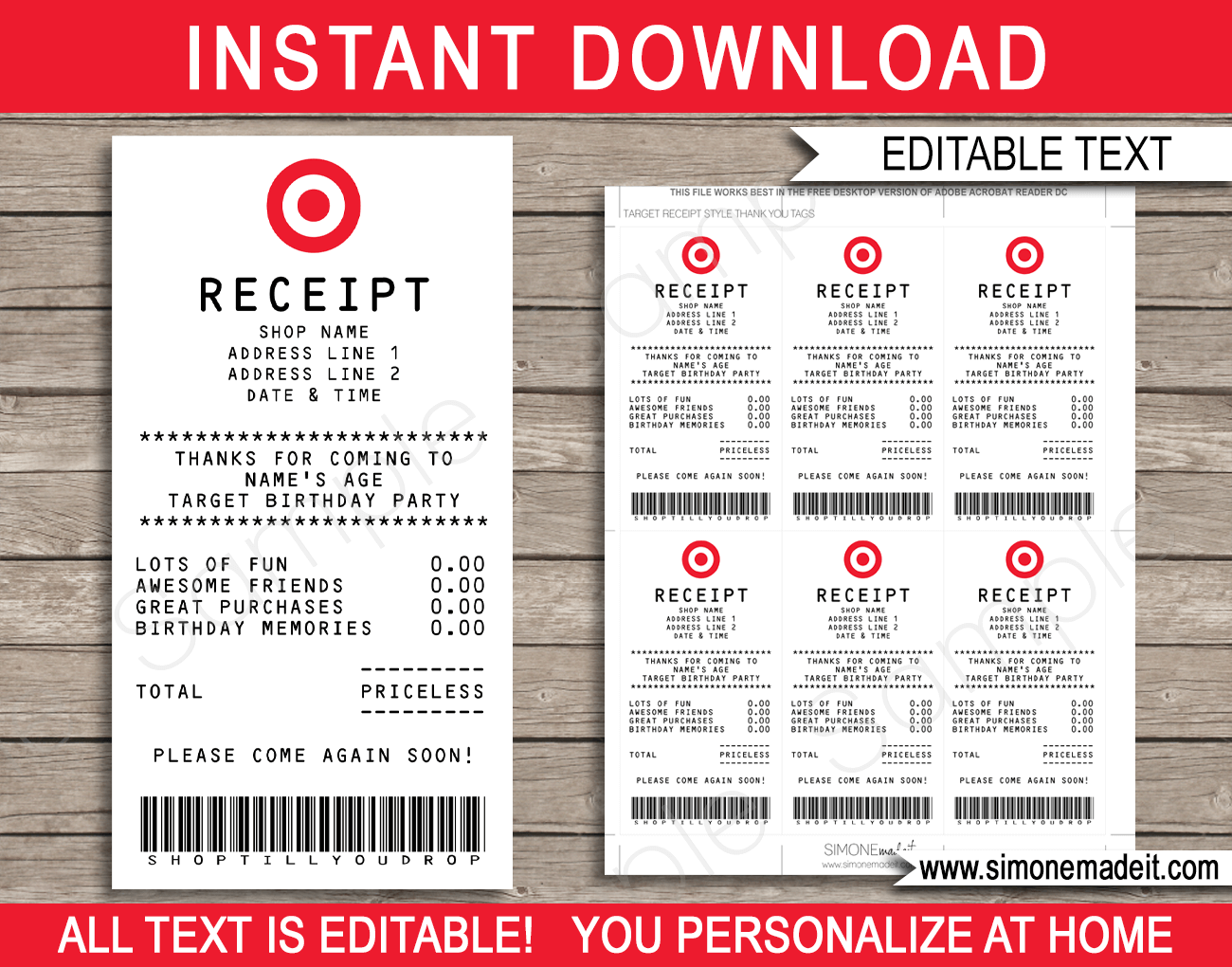 Printable Target Party Receipt Favor Tags Template | Shopping Birthday Party Theme Thank You Tags | Mall Scavenger Hunt | Credit Card Receipt | DIY Editable Text | Instant Download via simonemadeit.com