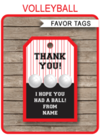 Printable Volleyball Thank You Tags Template | Favor Tags | DIY Editable Text | Birthday Party, Club Team Party, Coach Gift Tags | Instant Download